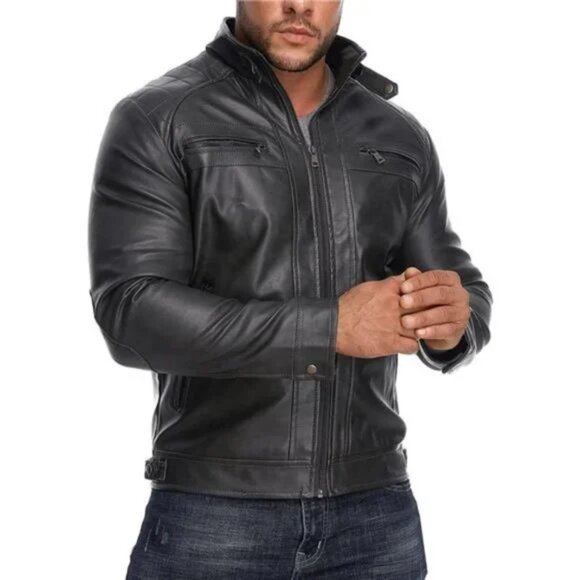 New Men’s Stand Collar Leather Jacket Coat with Zipper Pockets - Picture 4 of 8